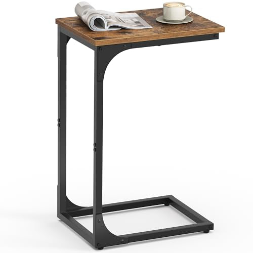 C-Shaped End Table, Small Sofa Side Table with Metal Frame, Rustic Brown