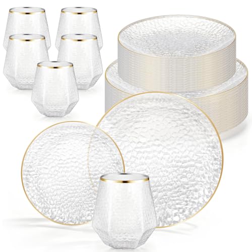 Havawish 72-Piece Clear Hammered Plates & Diamond Cups Set for 24