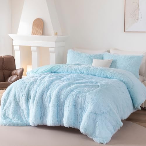 3-Piece Twin Faux Fur Comforter Set - Soft Fluffy Bedding in Light Blue