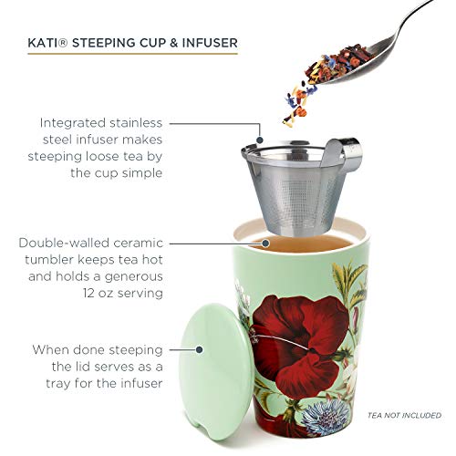 Tea Forte Double-Walled Ceramic Kati Tea Cup with Stainless Steel Infuser, 12 oz