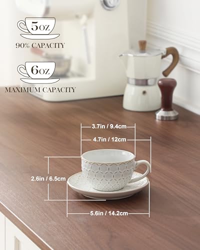 MALACASA 6 oz Cappuccino Cups & Saucers Set - Embossed Latte Mug Set of 4