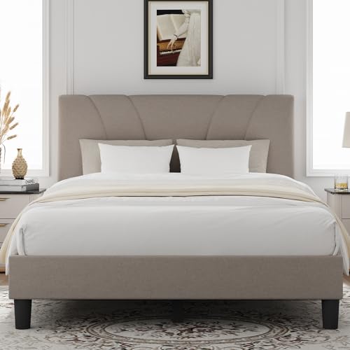 King Size Upholstered Platform Bed Frame with Adjustable Headboard, Beige