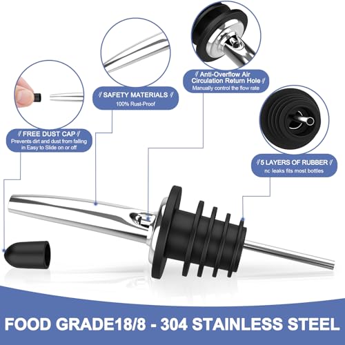 Stainless Steel Liquor Bottle Pourers with Rubber Dust Caps - 60 Pack