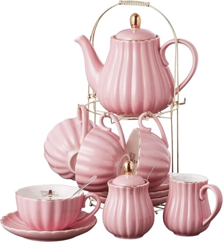 Jusalpha Pink Tea Set for 4 - 17-Piece Coffee & Tea Service with Cups, Saucer, Teapot, Sugar Bowl, Creamer & Accessories - Serve in Style