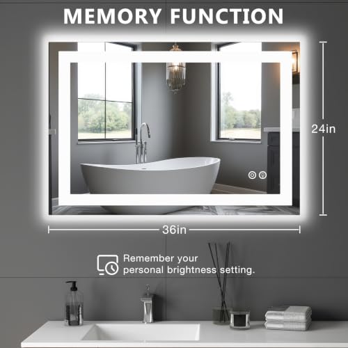 24x36 Inch LED Bathroom Vanity Mirror with Anti-Fog and Dimmable Lights