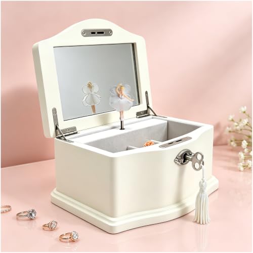 White Wooden Ballerina Musical Jewelry Box with Mirror and Lock