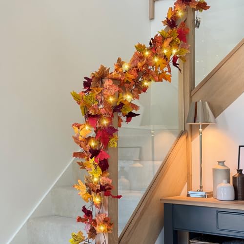 4-Pack Fall Leaf Garland with LED String Lights - Artificial Maple Leaves