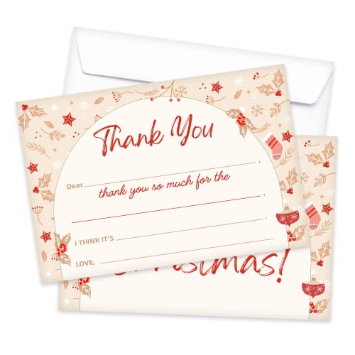 Holly and Snowflake Christmas Thank You Card Set with Envelopes - 20 Pcs