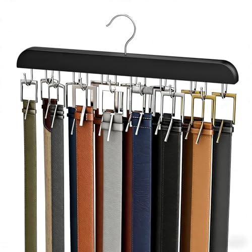 Wooden Belt Hanger for Closet Storage with 14 Hooks Black