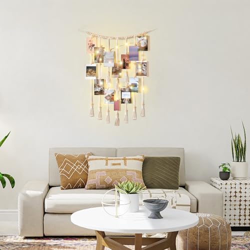 Macrame Hanging Photo Display with LED String Lights and 30 Wood Clips