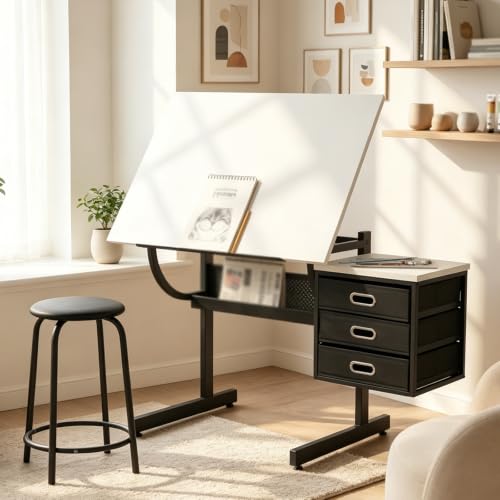 Adjustable Drafting Table with 3 Drawers and Stool for Artists