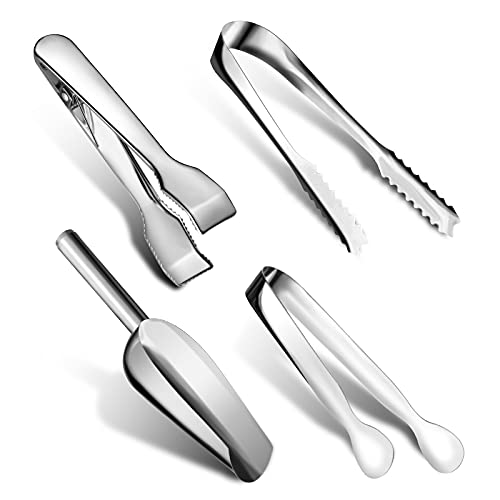Sieral Silver 4-Piece Ice Tongs and Scoop Set for Bar & Kitchen - Food & Drink