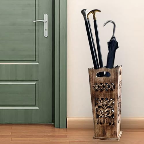 Hand-Carved Solid Wood Umbrella Stand & Walking Cane Holder