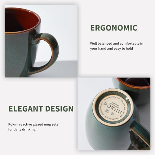 Pokini 14oz Coffee Mug Set of 4 - Artisan Glazed Ceramic Cups for Latte Tea Cappuccino, Brown Green Variation