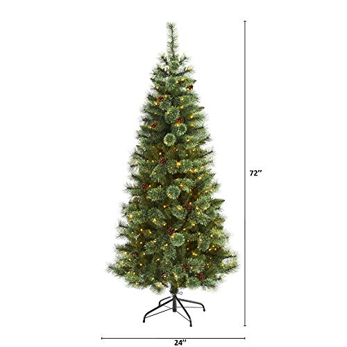 Nearly Natural 6ft Pre-Lit Slim Pine Artificial Christmas Tree - 300 LEDs, Metal Stand