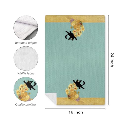 Funny Black Cat Kitchen Towel, Vintage Floral Kitten Dish Towel 16x24 Inch