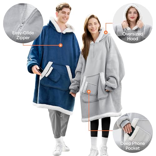 Wearable Blanket Hoodie with Pockets, Oversized Sherpa Fleece Loungewear