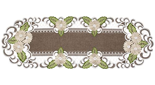 Gold Daisy Embroidered Table Runner 14x44 Inches Brown Floral Doily