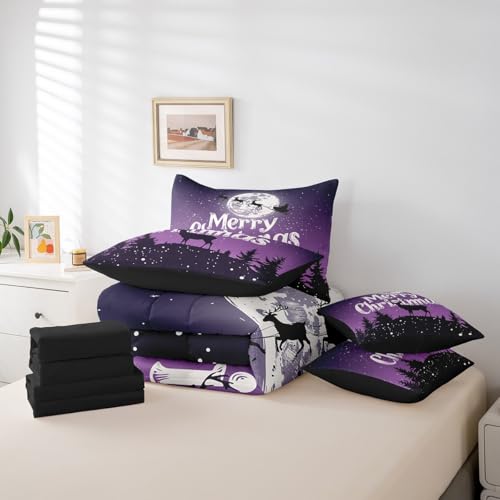 Merry Christmas 7-Piece Comforter Set Full - Erosebridal Deer Elk Bedding Purple