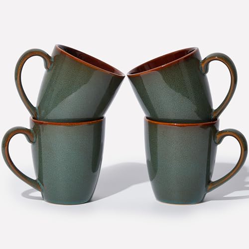 Pokini 14oz Coffee Mug Set of 4 - Artisan Glazed Ceramic Cups for Latte Tea Cappuccino, Brown Green Variation