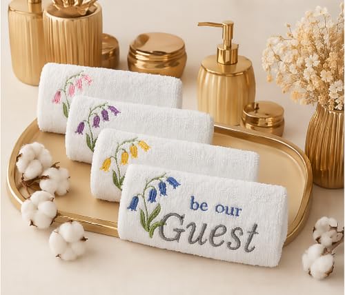Embroidered Cotton Washcloths - 13x13 Inch Guest Towels, Set of 4