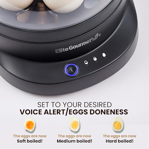Elite Gourmet EGC587 EGGSYNC¢â Voice Alerts Easy Egg Cooker, 7-Egg Capacity, Soft, Medium, Hard-Boiled Settings, Measuring Cup with Piercing Pin, Auto Shut-Off, BPA-Free