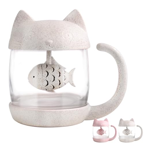 BigNoseDeer White Cat Tea Cup with Fish Infuser 8oz - Cute Mug for Loose Leaf Tea