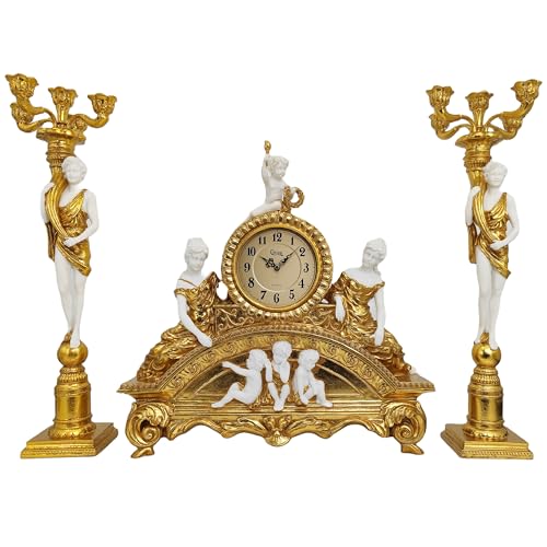 GENUINQ 23 Inch Vintage French Rococo Mantel Clock with Candleholders Set