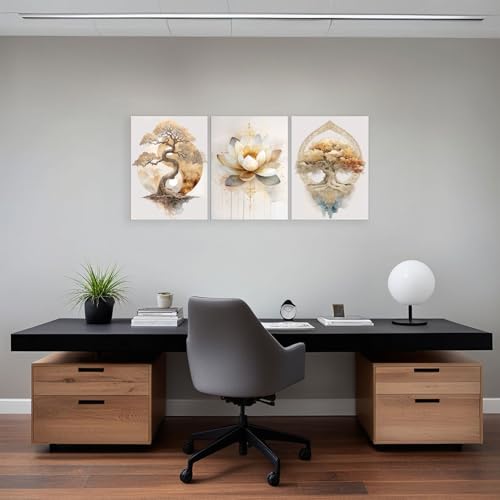 Tree of Life Lotus Yin Yang Canvas Wall Art, 3-Piece Framed Set 12"x16"