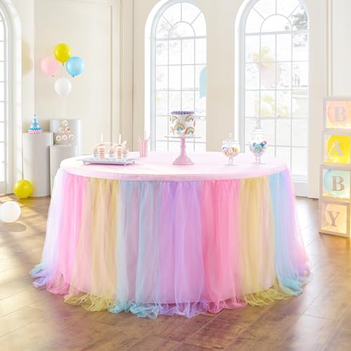 6ft Rainbow Tulle Table Skirt for Rectangle Tables, Pastel Ruffle Tutu Decor