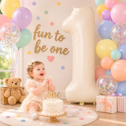 40 Inch Beige Number 1 Foil Balloon - Large Cream White Birthday Party Supply