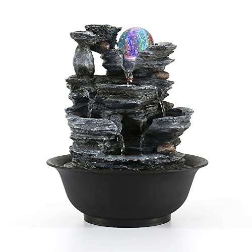 Tabletop Water Fountain with LED Light & Rolling Ball - Quiet Indoor Waterfall