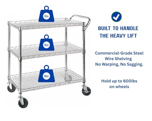 3-Tier Heavy Duty Rolling Utility Cart, NSF-Certified Steel Storage Shelving