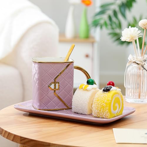 Zubebe Handbag-Shaped Coffee Mug Set Purple with Saucer & Spoon - Elegant Gift