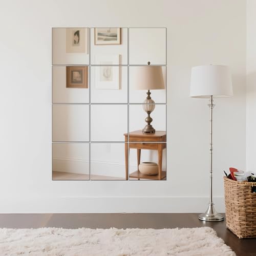 12x12 Inch Frameless Glass Mirror Tiles - DIY Wall Mounted Set (12 Pack)