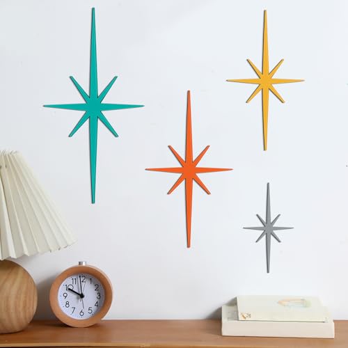 4-Piece Mid-Century Modern Starburst Wall Art, Retro Metal Atomic Stars