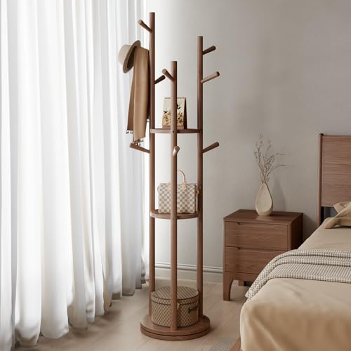 Solid Wood Rotating Coat Rack with 3 Shelves and 9 Hooks, Walnut