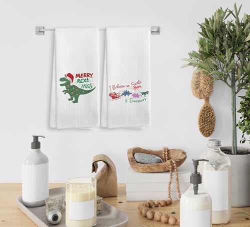 Christmas Dinosaur Kitchen Towels and Dishcloths Set of 2 - Merry Rexmas Santa T Rex Drying Cloths, 16x24 Inch, Home Decor Gift