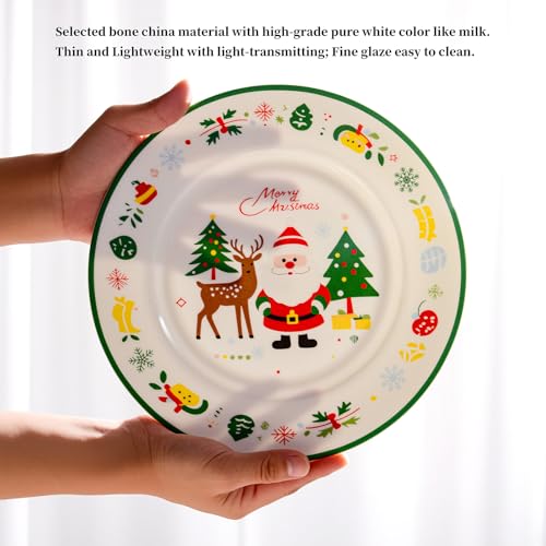 8-inch Fine Bone China Christmas Dessert Plates Set of 4, Red Green Holiday Design in Gift Box