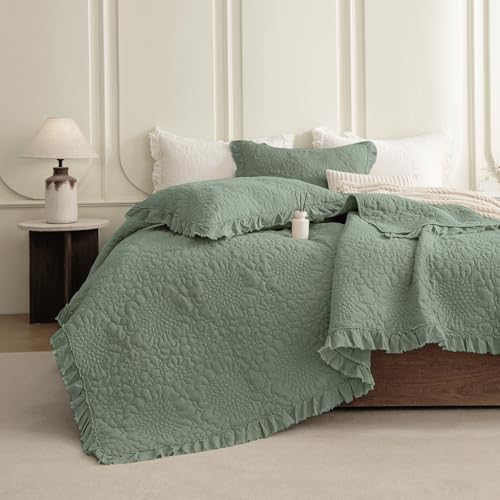 Sanracie Oversized King Bedspread Set 128"x120" - Cotton Stonewashed Quilt