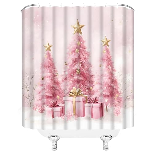Pink Christmas Shower Curtain 70x70 Inches Cute Xmas Tree Snowflake Holiday Decor