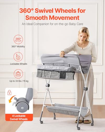 Foldable Baby Changing Table with Storage and Adjustable Height, Gray