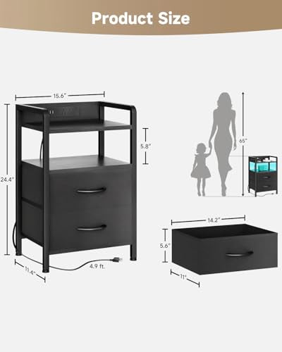 Lazzanto LED Nightstand with Charging Station & 2 Drawers, Black