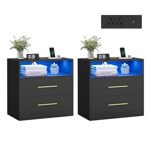 23.6-Inch Wide Nightstands Set of 2 with LED Lights & Charging Station