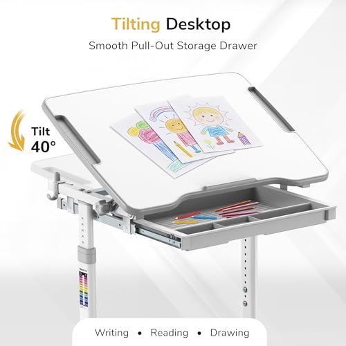 Adjustable Kids Desk and Chair Set with Tilting Desktop and Storage Drawer