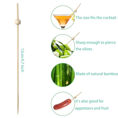 200 Pcs Wooden Cocktail Picks with Beads - 4.7 Inch Natural Bamboo Skewers for Charcuterie & Fruit Platters - HFengQ