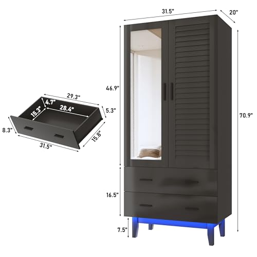 2-Door Wardrobe Armoire with LED Lights, Mirror, Drawers and Shelves