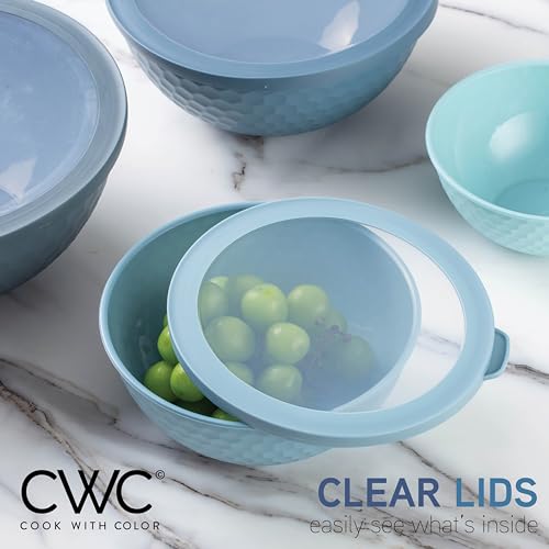 12-Piece Plastic Mixing Bowls Set with Lids - Blue Embossed Nesting Bowls