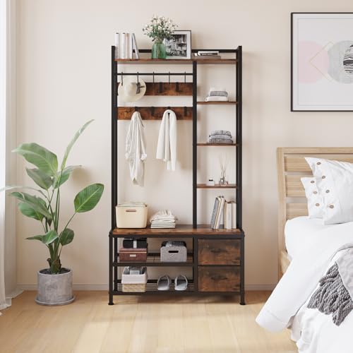 6-in-1 Entryway Hall Tree with Storage Bench, Drawers, Shelves, and Coat Rack