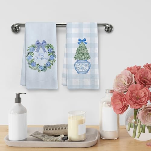 XNXLDYLH Chinoiserie Christmas Wreath Kitchen Towel Set - 2 Blue & White Holiday Dishcloths, 16x24 inches